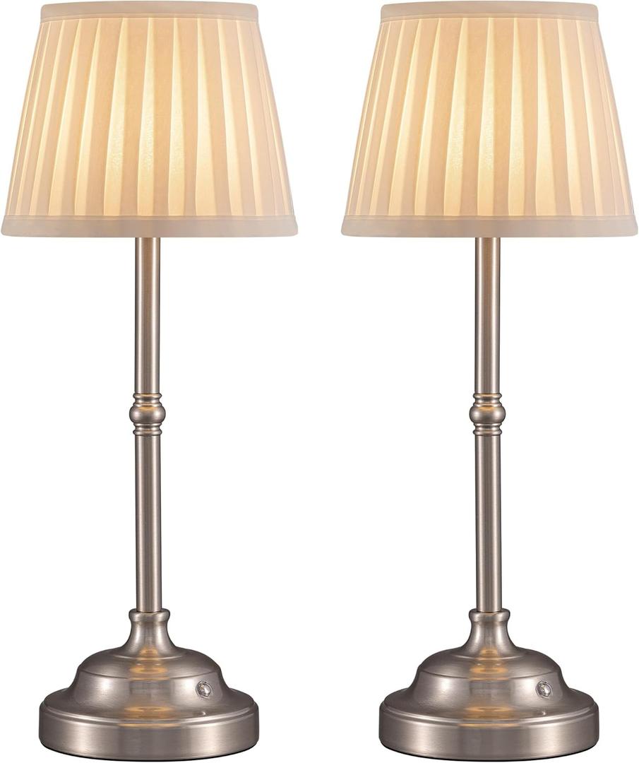 KDG Cordless LED Table Lamp Set of 2, Portables Fabric Shade Desk Lamps, 4000mAh Rechargeable Battery Powered Lighting, Dimmable Light for Dining Room, Bedroom, Bedside, Night Light, Balcony (Nickel)