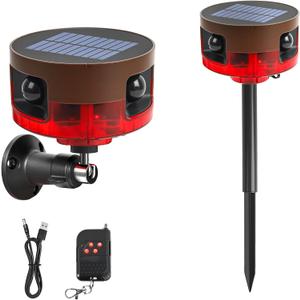 Solar Outdoor Motion Sensor Alarm-Dog Barking or Gunshot Sound, 130dB Noise, 13 Sounds & 360 Motion Detector Alarm Support Recording, with Remote Controller for Home, Villa,Yard,Chicken coop (Red + Brown)