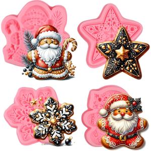 2 x 4 Pcs Christmas Santa Claus Silicone Molds, Snowflake Chocolate Fondant Mold, for Cupcake Toppers Cake Decorations Candy Sugar Craft Chewing Gum Desktop Decor Ornaments Resin Pendant Clay
