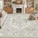 befbee 7x9 Washable Area Rug, Vintage Floral Non Slip Low Pile Carpet Beige