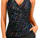 Women Tankini Swimsuits with Shorts - Two Piece Tummy Control Bathing Suits Top with Two Pockets Bottom Swimwear (X-Large, Colorful Striped)