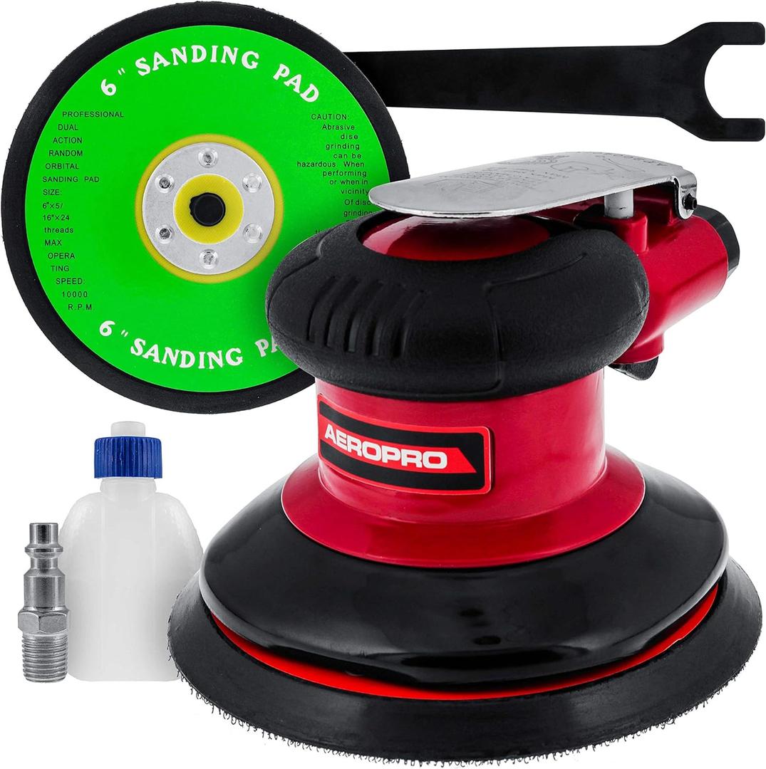 TCP Global Professional Heavy Duty 6" Dual-Action Random Orbit Air Palm Sander with Both PSA and Hook & Loop Backing Pads - Orbital Pneumatic Sanding Disc Sander - Automotive Body Shop, Woodworking