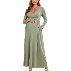 AISWI 2025 Women's Maternity Maxi Dress Long Sleeve Wrap V Neck Pregnancy Dresses with Pockets and Shorts Baby Shower Photoshoot Formal, Small