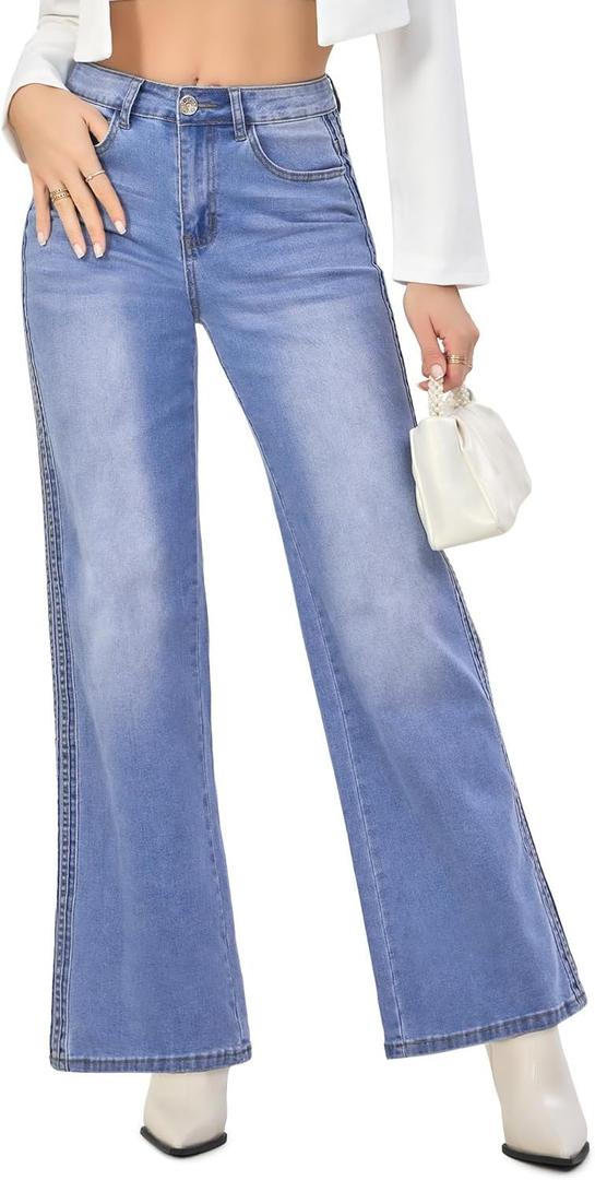 VIPONES Wide Leg Jeans for Women Trendy High Waisted Strechy Straight Leg Baggy Jeans Loose Denim Pants with Pockets Mist Blue, 4