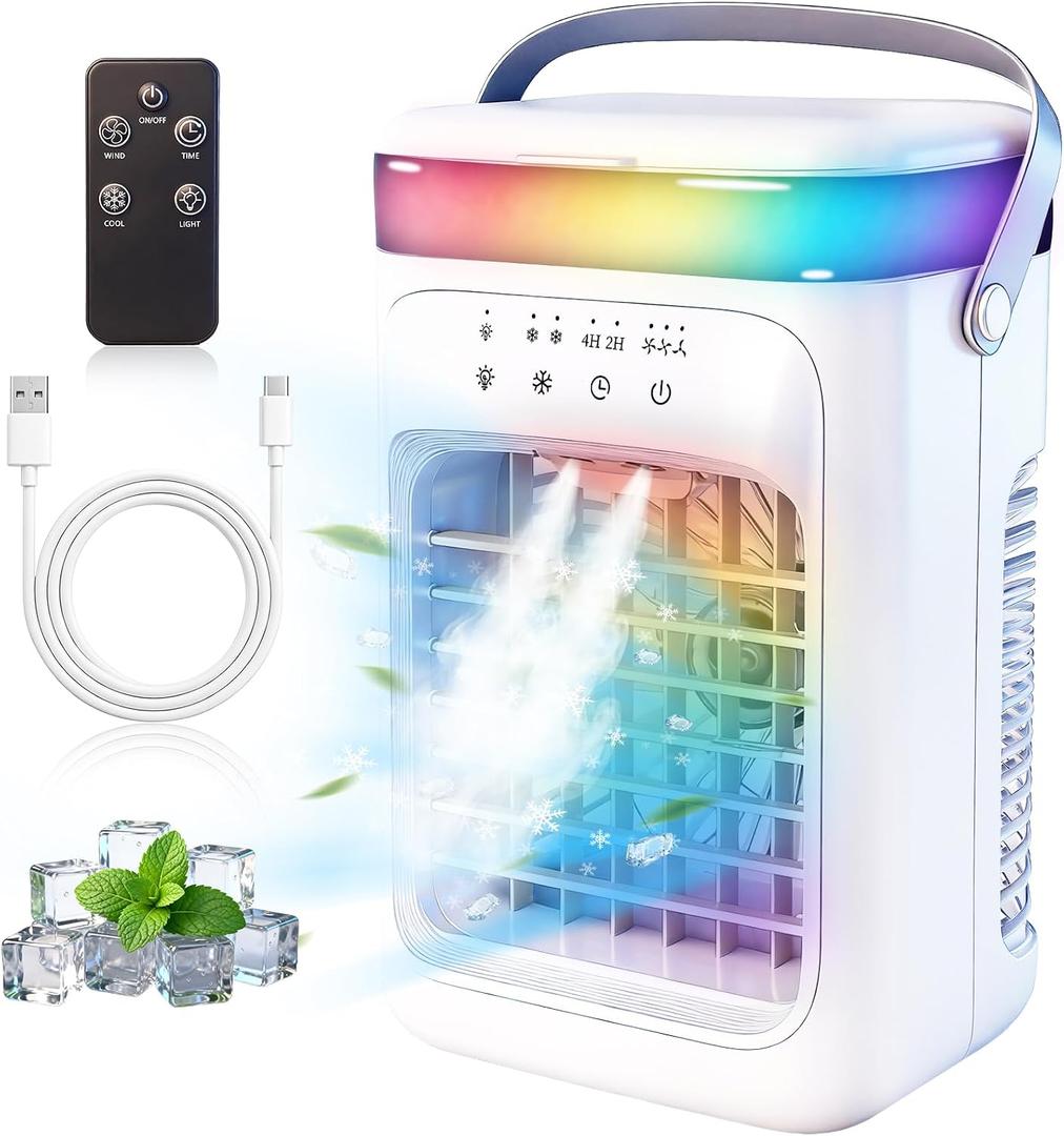 2026 New 4-in-1 Portable Air Conditioner, Sound 30dB Mini AC Unit, 12H Runtime, 1000ML Evaporative Air Cooler, 3 Speed & 2 Mist, Remote, USB, Timer, 7-Color LED for Bedroom Office Car - 1 PCS