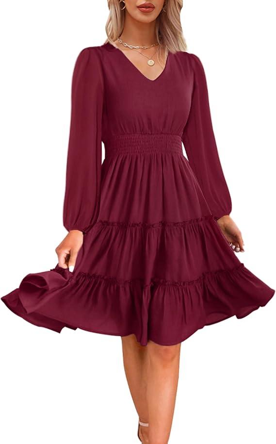 Zattcas Women 2026 Long Sleeve Fall Dress V Neck Smocked Waist Casual Flowy A Line Tiered Work Knee Length Dresses, Large, Long Sleeve- Wine Red 