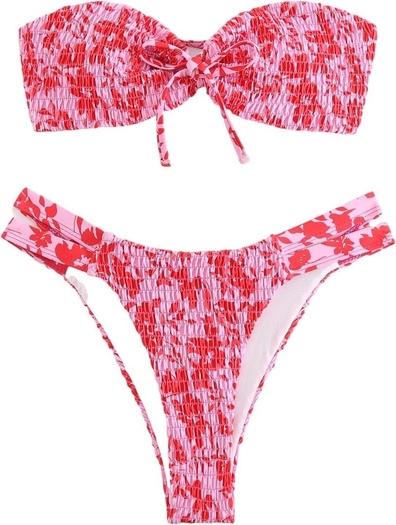 GORGLITTER Women's Strapless Bandeau String Bikini Set Floral Bow Swimsuit High Waisted Smocked Bathing Suit Pink M