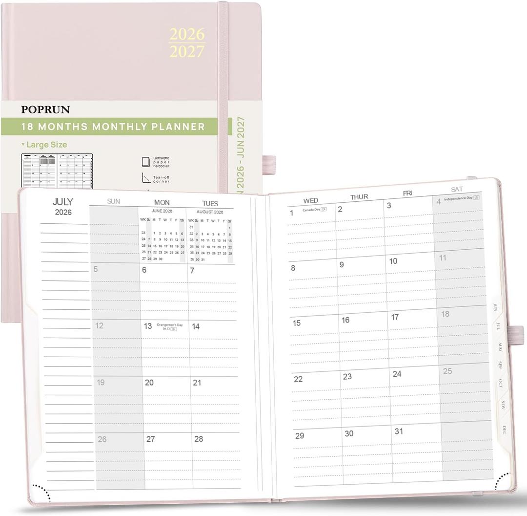 POPRUN Monthly Planner 2026-2027, Large-8'' x 10'', 18-Month Calendar Book (Jan.26 - Jun.27), Calendar Planner with Monthly Tabs, Storage Pocket, Hardcover, 100 GSM Paper - Light Pink