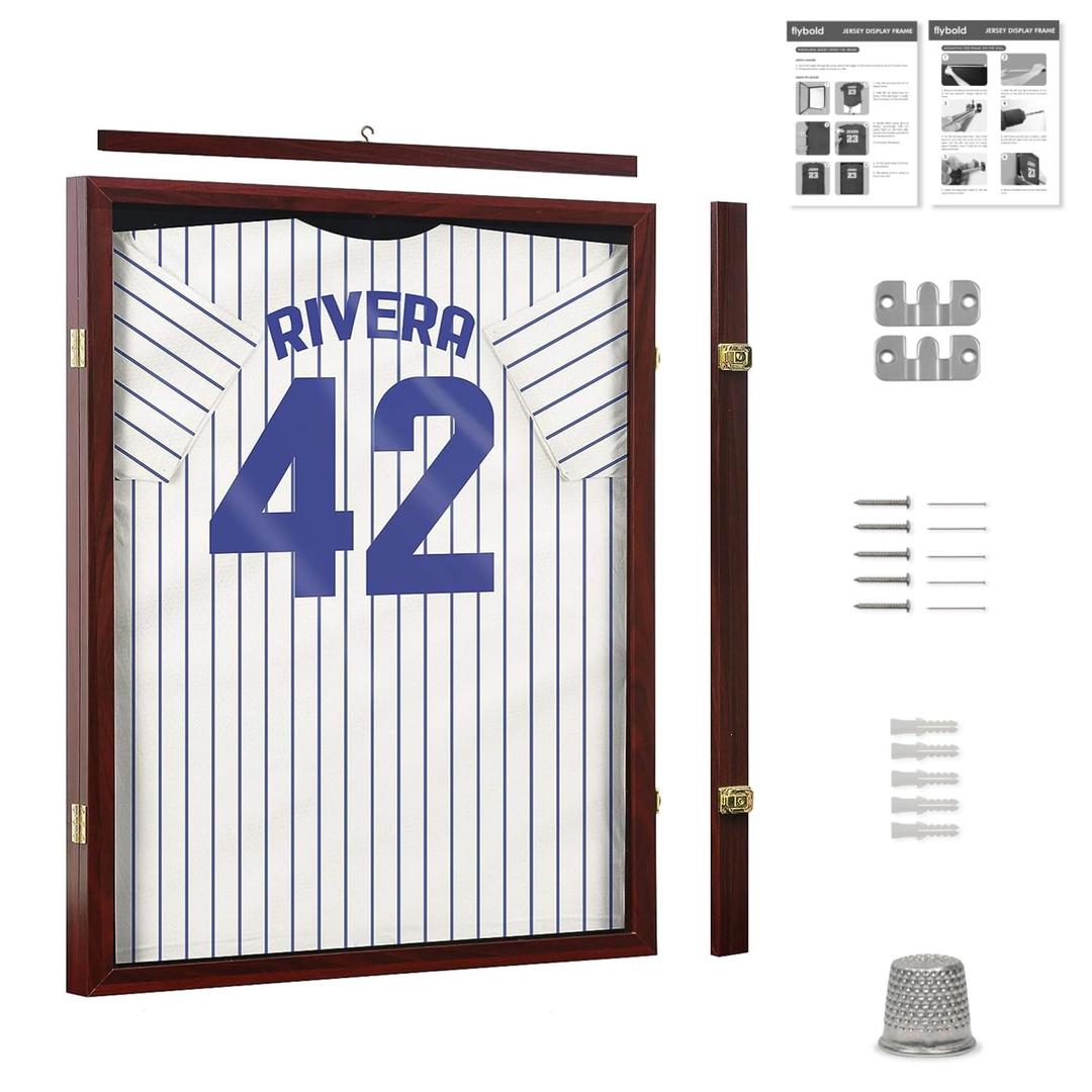 Flybold Jersey Frame Display Case - Large Shadow Box Display for Sports Memorabilia - Acrylic with 98% UV Protection - Mahogany Finish - 31.25" x 23.25" x 1.5" - for Football, Baseball, Basketball
