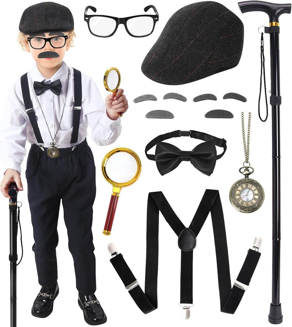 100 Days of School Costume for Boys Kids,Old Man Costume for Kids,Grandpa Costume Accessories Boys Set (Black)