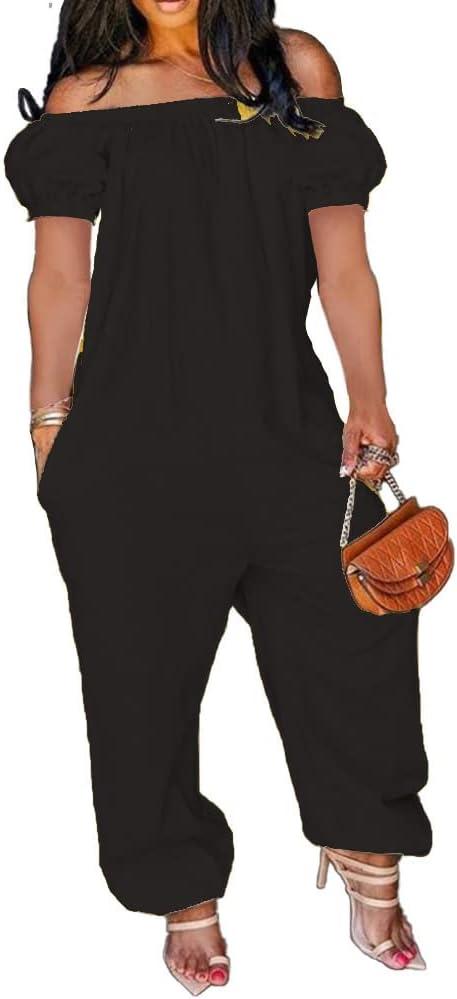 MESLIMA Women's Loose Fit Elastic Off Shoulder Beam Foot Long Sleeve Jumpsuit Rompers with Pockets Plus Size (Gray, XXXL)