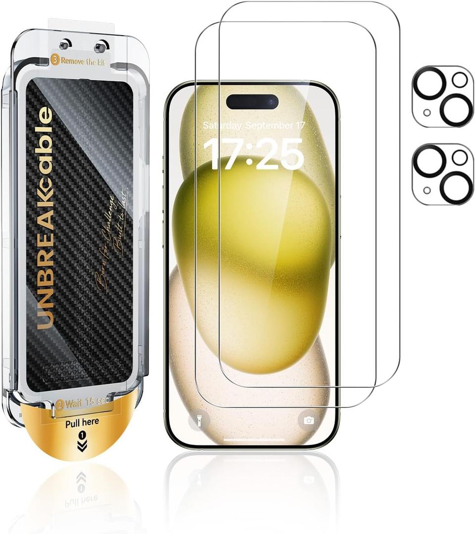 UNBREAKcable Top 9H+ Screen Protector for iPhone 15 Plus & Lens Protector (2+2 Pack), Military-Grade Shatterproof Tempered Glass [99% HD Clear] [Easy Install] Bubble-Free & Anti-Fingerprint-6.7"