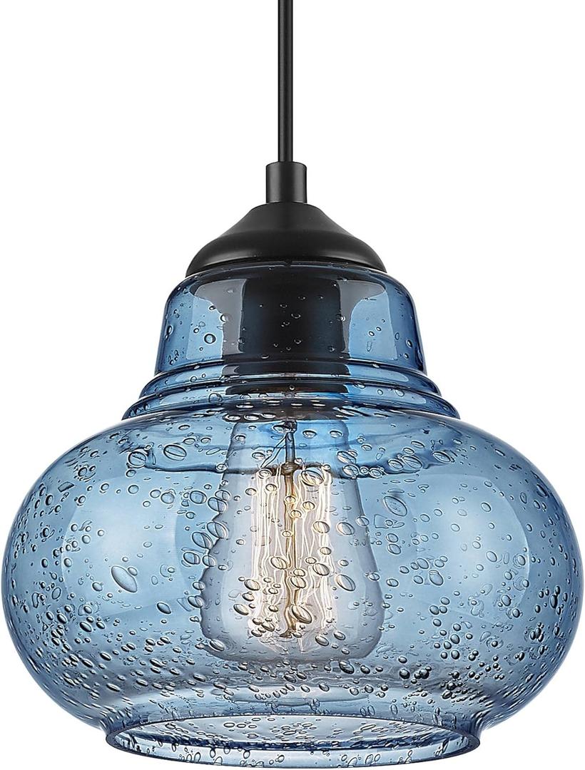 ELYONA 8 Inch Pendant Light for Kitchen Island Modern Blue Hand Blown Bubble Glass Pendant Lighting Hanging Light fixtures for Dining Room Bar Bedroom Living Room