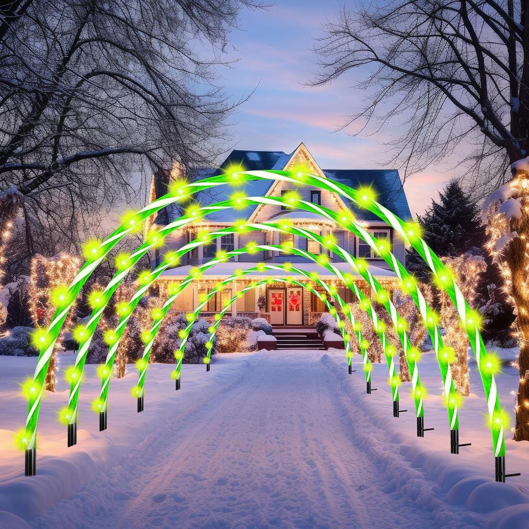 VIHOSE 10ft Christmas Candy Light Arch LED Christmas Outdoor Arches Decor with Flasher Modes Xmas Candy Cane Pathway Markers Lights for Holiday Wedding Yard Lawn Decor(6 Pcs,Green White Stripe)