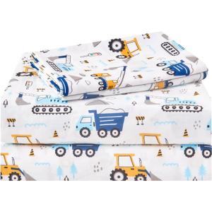 Kids Sheet Set Twin Size 3 Pcs, Boys Sheet Set with Blue Excavator Car PatternKids Boys Twin Fitted SheetBreathable & Silky Soft Microfiber Fitted Sheet