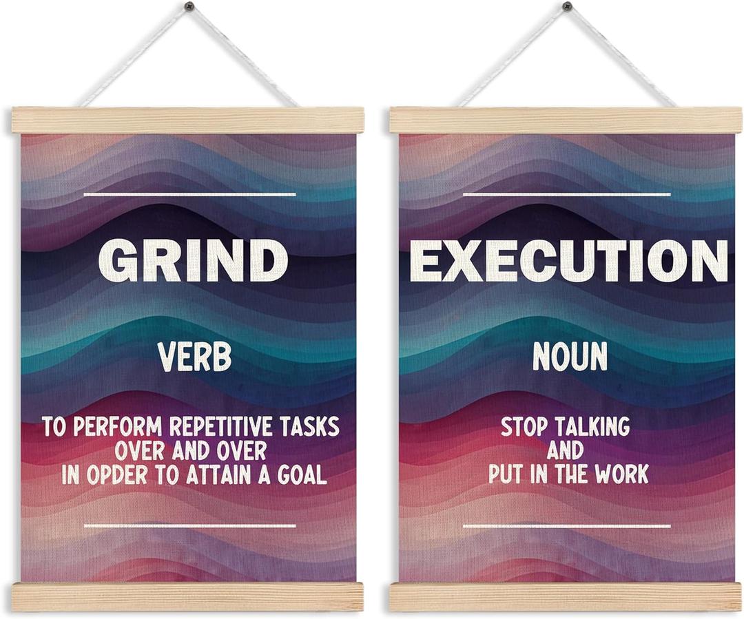 MKIJUHB Inspirational Office Wall Art Decor, Abstract Colorful Grind Execution Motivational Quotes Framed Hanging Canvas Prints for Office Workplace Home Bedroom Walls Decorations, 12x16 Inch Set of 2