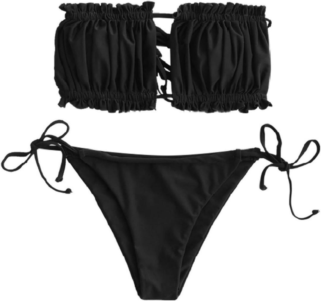 ZAFUL Women 2 Piece Strapless Bikini Swimsuits Ruffle Ribbed Self Tie Bandeau Bikini Set High Cut String Bathing Suits (Large)