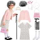 Old Lady Costume for Kids 100 Day of School Costume for Girls 100th Day of School Dress Up Grandma Wig Cane Outfit