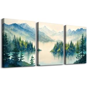 SERIMINO Nature Landscape Wall Art for Living Room, Green Forest Mountain Canvas Prints Paintings Room Decor, Lake Tree Cottagecore Modern Farmhouse Wall Decor Set of 3, 16"X24"
