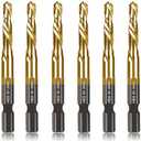 6-pc 10-24NC Combination Drill Tap Bit Set SAE, 10-24NC Thread Size, Titanium Coated High-Speed Steel, Ideal for Drilling Threading and Countersinking in Soft Metal Wood and Plastic, 1/4” Hex Shank