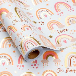2 x Burymento Rainbow Wrapping Paper, Boho Gold Foil Themed Gift Wrap for Birthday, Valentines, Mothers day, Graduation, Wedding, Fathers day, Baby Shower, Christmas (17 IN x 32.8 FT)