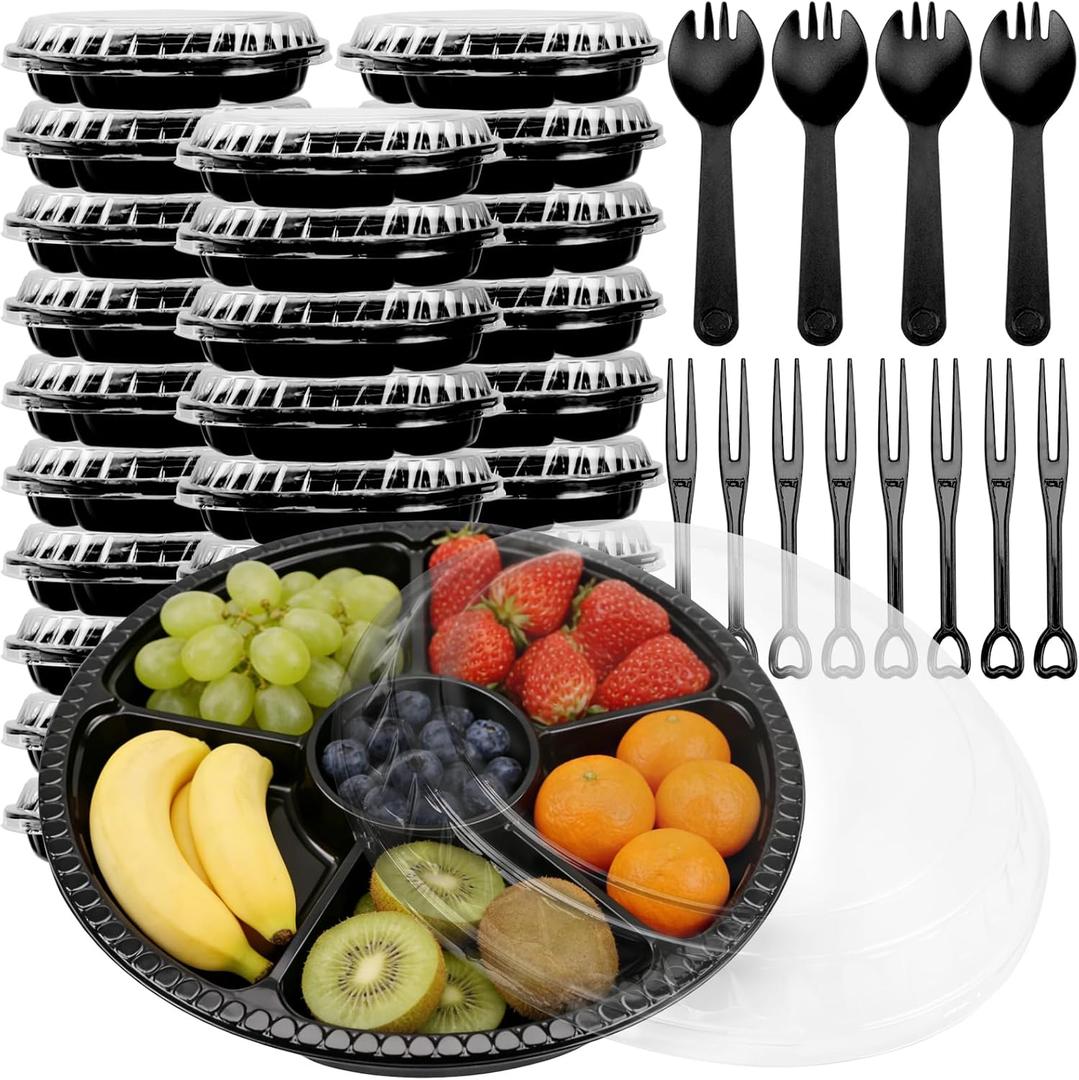 30 Pack 12 Inch Plastic Appetizer Tray with Lid, 6 Sectional Round Plastic Divided Serving Tray with 200 Forks and 100 Spoon-Forks, Disposable Food Party Platters for Snack,Fruit,Vegetable