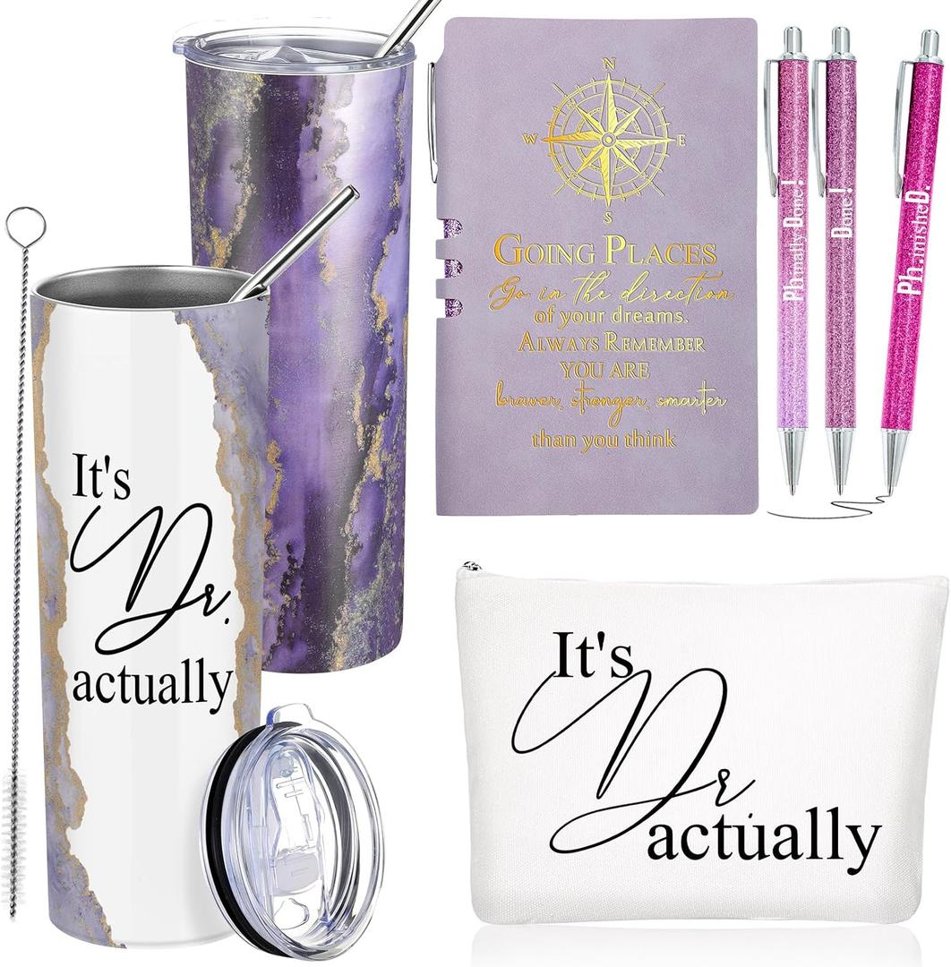 Domensi 6 Pcs It's Dr Actually Gifts for Phd Doctorate Degree Physician 20oz Marble Tumbler Makeup Bag Journal Pen Womens History Month Gift White Coat Ceremony Gifts for Nurse Teacher Doctor, Purple