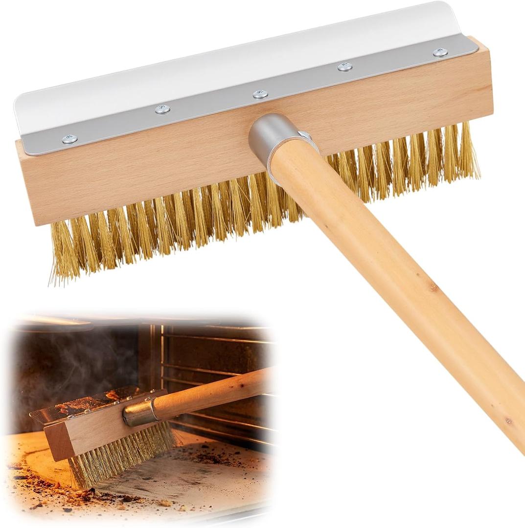 Reallnaive 1 Pack 37 Inch Wood Handle Pizza Oven Brush with Scraper Outdoor Pizza Oven Cleaning Brush Tool, Aluminum Threaded Tip, Brass Bristles with Steel Scraper