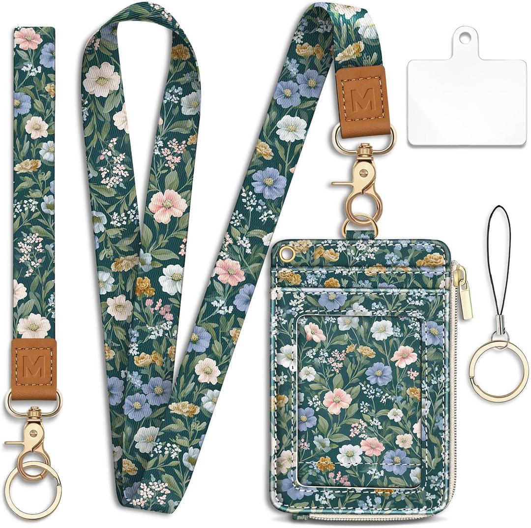 Lanyard Wallet with Id Badge Holder, Floral RFID Small Keychain Wallet Women Wristlet, Cute Zipper Credit Card Holder Phone Wrist Neck Strap for Key Name Tag, Teacher Student Office Gifts