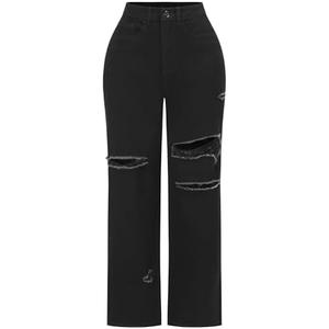 THUNDER STAR Womens High Waisted Wide Leg Jeans Stretchy Distressed Denim Pants Small, Black