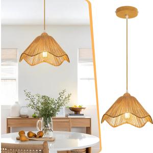 12.4" Wave Rattan Chandelier Pendant Lights Kitchen Island,Farmhouse Boho Chandeliers Adjustable Height Hanging lamp for Dining Room,Kitchen Ceiling Light Fixtures Hand Woven Wicker Lampshade