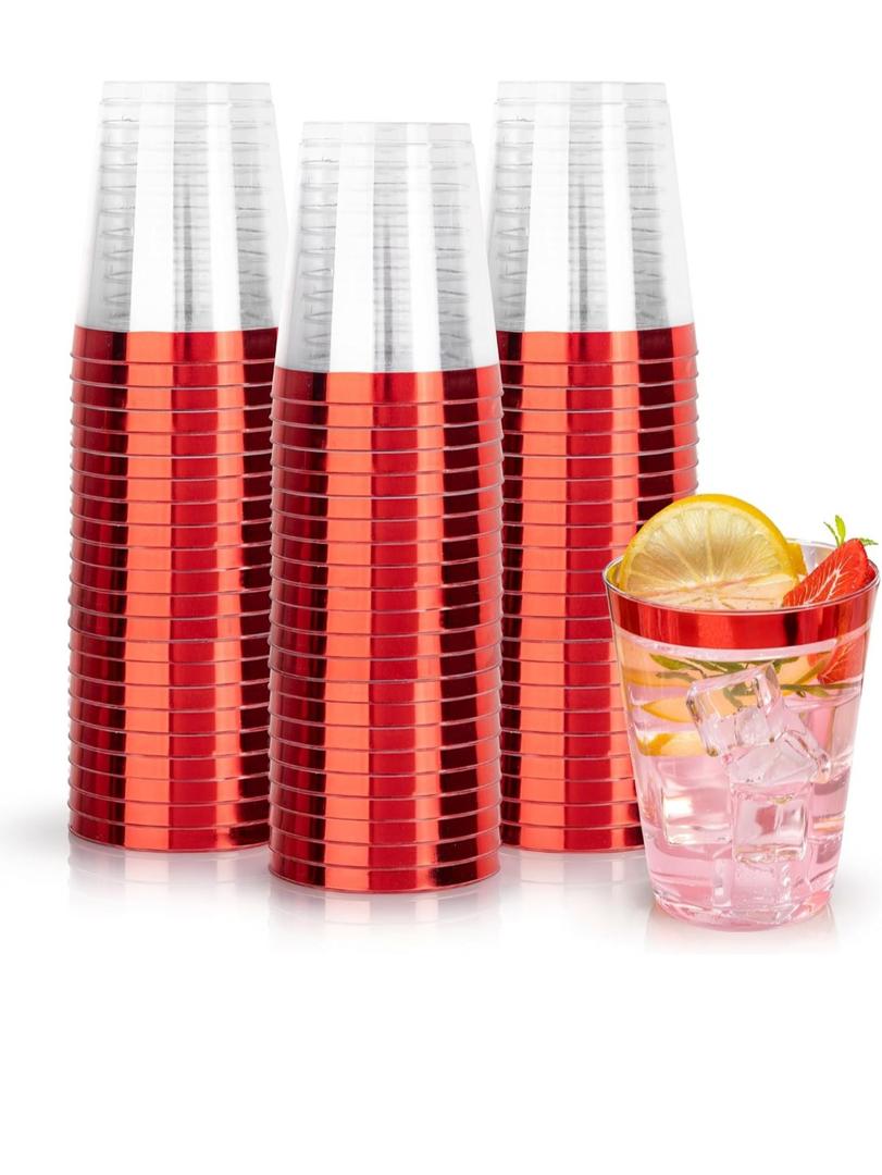 DaYammi 100 Pack Red Plastic Cups 10 Oz Clear Red Rimmed Plastic Cups for Party Fancy Disposable Cup for Wedding Disposable Glasses Clear Tumblers with red Rim for Party Elegant Wine Cocktail Cup