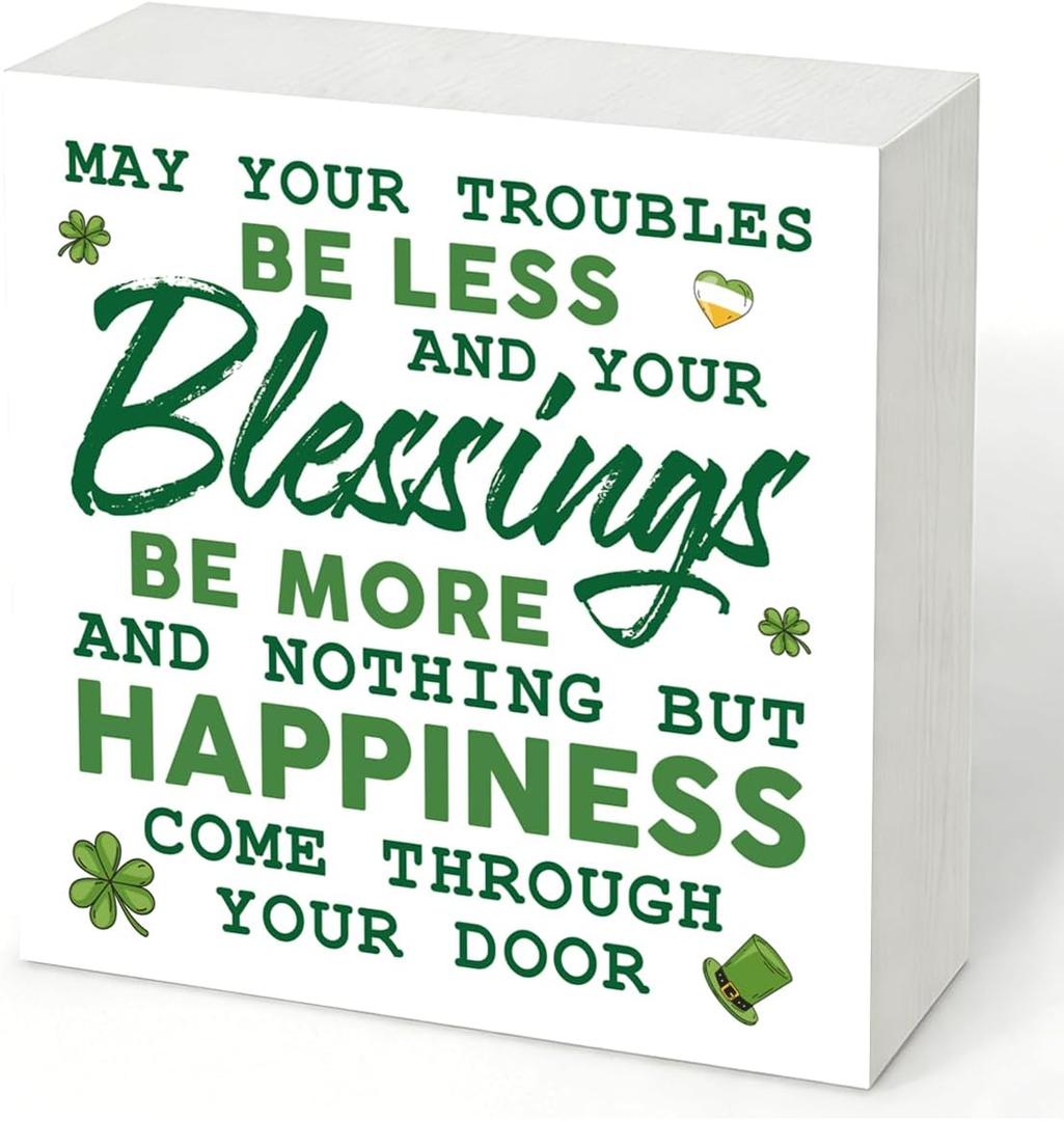 St. Patricks Day Decor Wooden Box Sign, Irish Blessing Shamrock Wood Sign Plaque, May Your Troubles Be Less Farmhouse Tabletop Desk Shelf Tiered Tray Decoration, Irish Holiday Gift
