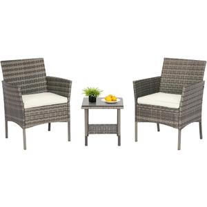 FDW | 3-Piece Patio Furniture Set | Gray & Khaki | Outdoor Wicker Furniture with Coffee Table | Modern Rattan Chairs Conversation Set | Outdoor Seating | Weather-Resistant | for Porch, Garden, Lawn
