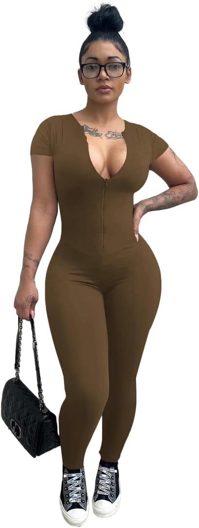 Mrskoala Women Summer Jumpsuits One Piece Short Sleeve Dressy Casual Zipper Romper XXL