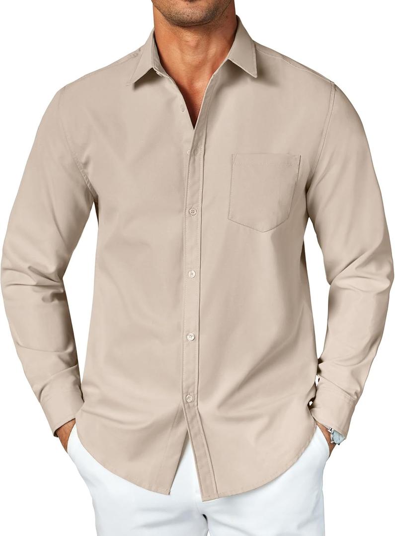 COOFANDY Men's Button Down Long Sleeve Shirt Casual Untucked Dress Shirt Regular Fit Wedding Shirts (Beige, M)