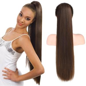 SEIKEA 28" Ponytail Extensions Drawstring Long Straight Fake Pony Tail Natural Soft Clip in Hair Extension Synthetic Heat Resistant Hairpiece - Dark Brown with Copper Highlights