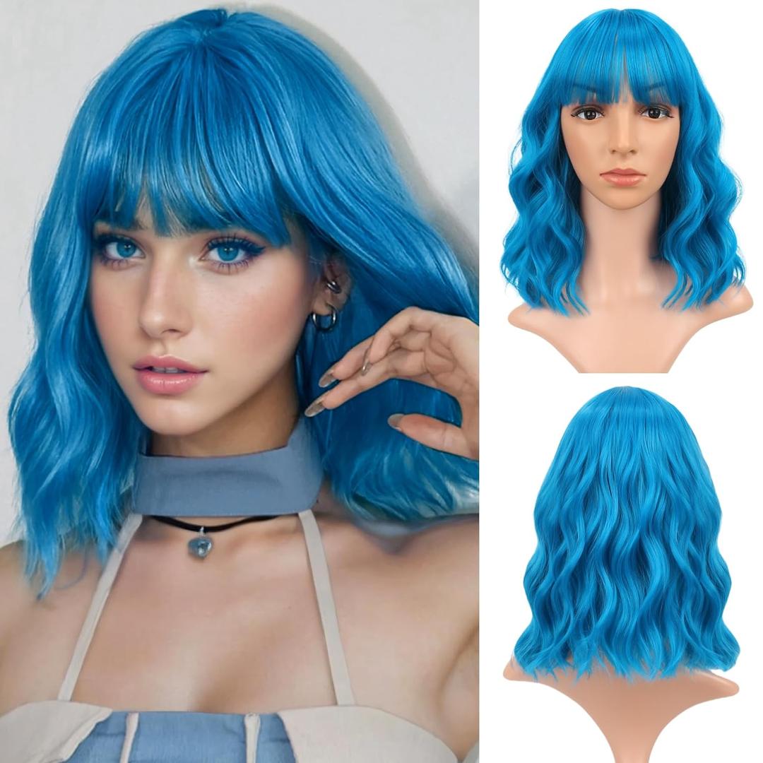 VCKOVCKO Short Bob Wigs Lake blue Wavy Wig With Air Bangs Women's Shoulder Length Curly Wavy Synthetic Cosplay Pastel Bob Wig for Girl (12", Lake blue)