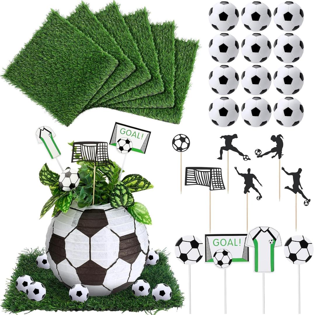 MiniInflat 34 Pcs Soccer Party Decor Table Centerpieces Decorations Kit Includes 6 Artificial Grass Mats 12 Mini 6 Balls Honeycomb Balls 10 Decorations for DIY Sport Favor