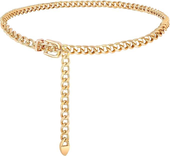 WHIPPY Waist Chain Belt Women Ladies Adjustable Body Waist Link Belts for Jeans Dresses (M: Fit for Waist up to 35 Inches, A-gold Tone-chain)