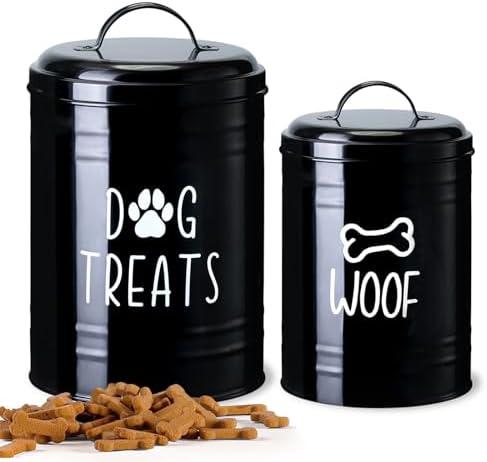 Dog Treat Container Airtight, Dog Treat Jar Set of 2 with Lid - 9x5.5''&7x4'' Metal Dog Cookie Jar for Farmhouse Kitchen Counter, Black Treat Jars for Pets, Treat Storage Container for Dogs, Cats