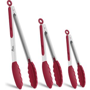 HOTEC Premium Stainless Steel Locking Kitchen Tongs with Silicon Tips, Set of 3-7", 9" and 12" (Red)