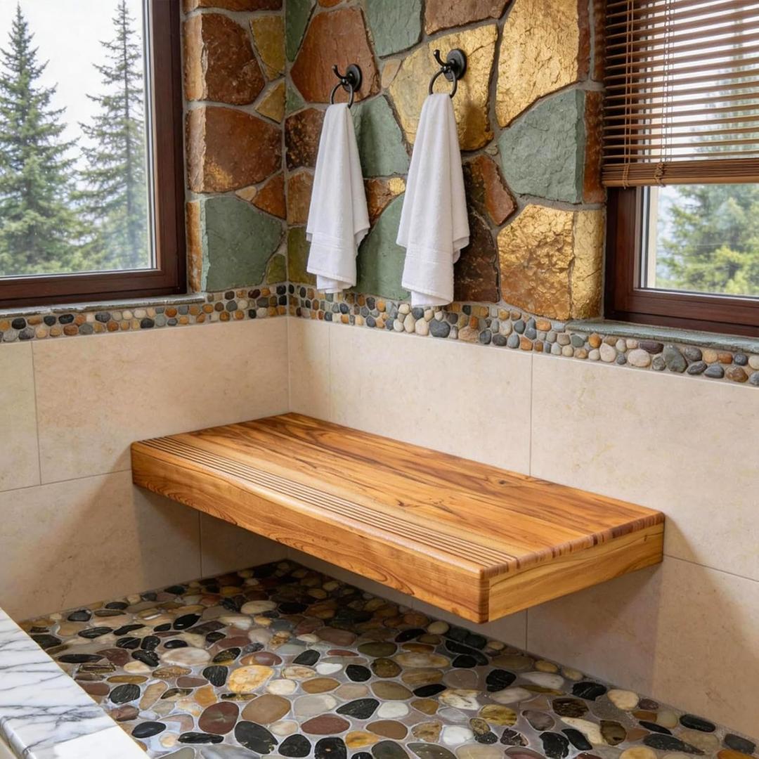 Minimalist 60″Floating Teak Shower Bench: Warm, Easy to Install (No Tile!), Holds 670 lbs for a Modern Bathroom.