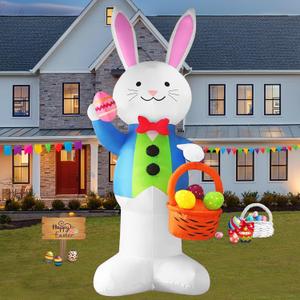 12FT Bunny Basket Easter Inflatable Decoration with Built-in LED Lights for Holiday Celebration Decorations on Yards, Lawns and Patios