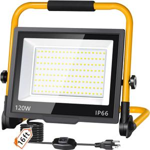 14400LM LED Work Light, 120W Flood Light with 16FT Cord & Switch, Portable Worklight with Stand, 5000K IP66 Waterproof Construction Lighting for Job Site Repairing Workshop Garage