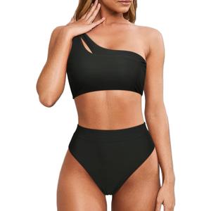MOOSLOVER Women Cutout One Shoulder High Waisted Bikini High Cut Two Piece Swimsuits (Large, Black)
