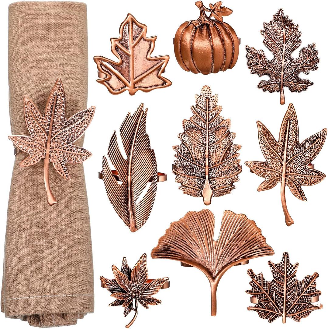 Remerry 9 Pcs Thanksgiving Napkin Rings Set Fall Autumn Leaf Pumpkin Metal Vintage Alloy Napkin Buckle Holders for Wedding Family Party Table Decor Supplies