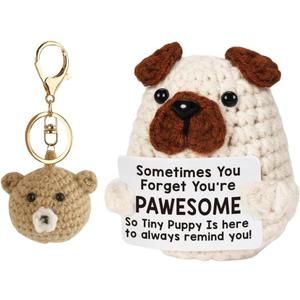 Mini Funny Pug Emotional Support Crochet Positive Doll Cute Dog Animal Gift with Inspirational Card and Bee Ornament Pendants (Dog Crochet and Bear Pendant)