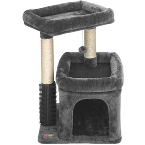 Small Cat Tree for Indoor Cats, Cat Tower with Scratching Posts for Multiple Cats, Plush Cozy Perch, Cat Massage Brush, Activity Hanging Pompoms, Dark Grey