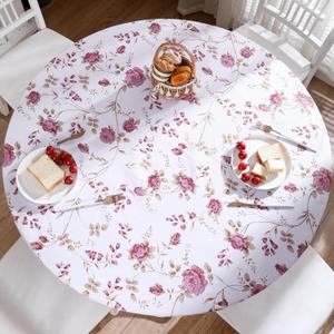 Round Vinyl Fitted Tablecloth with Flannel Backing Elastic Edge Design Table Cover Waterproof Oil-Proof PVC Table Cloth Stain-Resistant Wipeable for 57"-66" Round Table